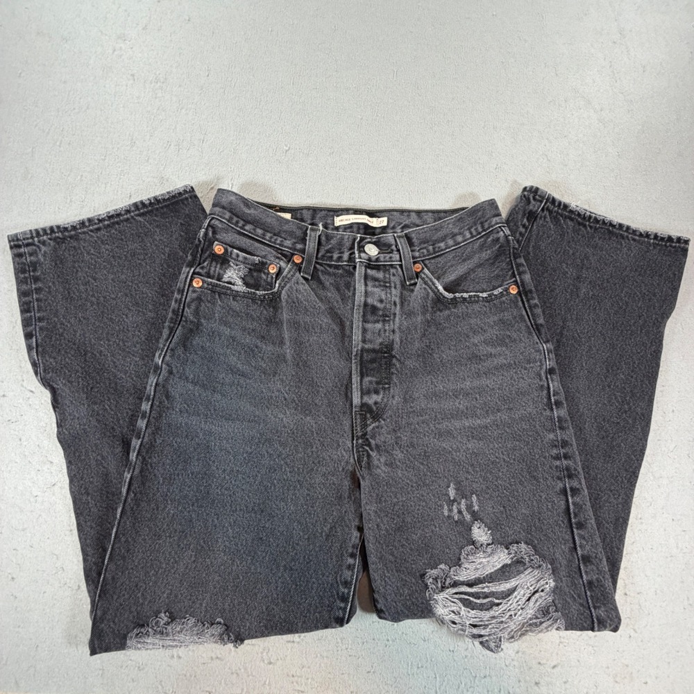 Levi's Premium Ribcage Straight Ankle Jeans Black Distressed Women's 27